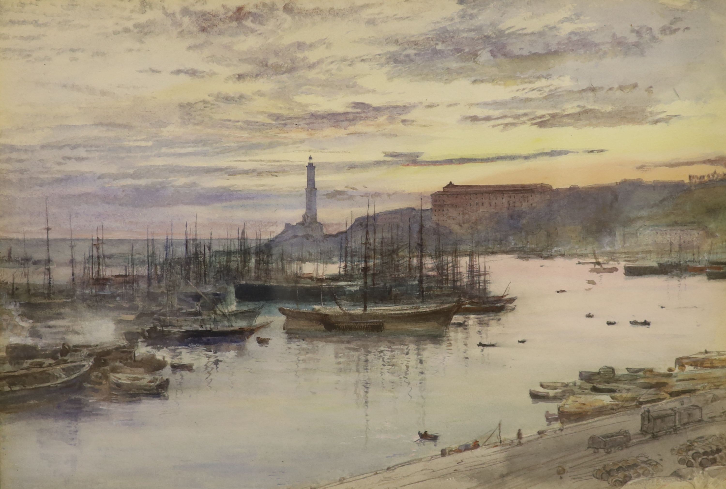 John MacWhirter (1839-1911), watercolour, Harbour, Genoa, signed with Exhibition label verso, 35 x 50cm